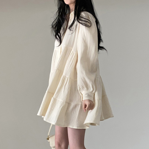 Korean chic spring simple temperament Lapel fold loose single breasted bubble sleeve short doll dress