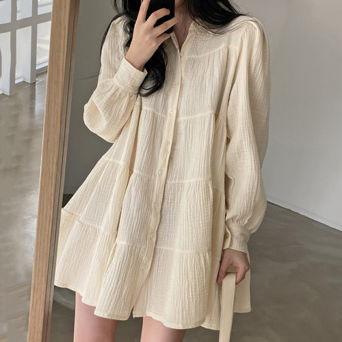 Korean chic spring simple temperament Lapel fold loose single breasted bubble sleeve short doll dress