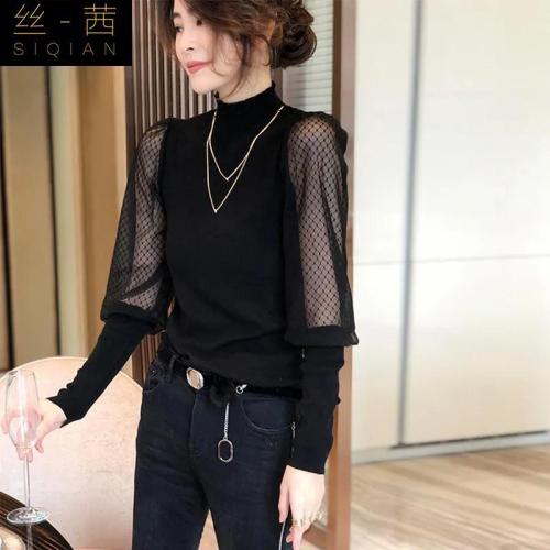 Foreign style lace stitched sweater women's high neck temperament bottomed thin top autumn and winter Europe station