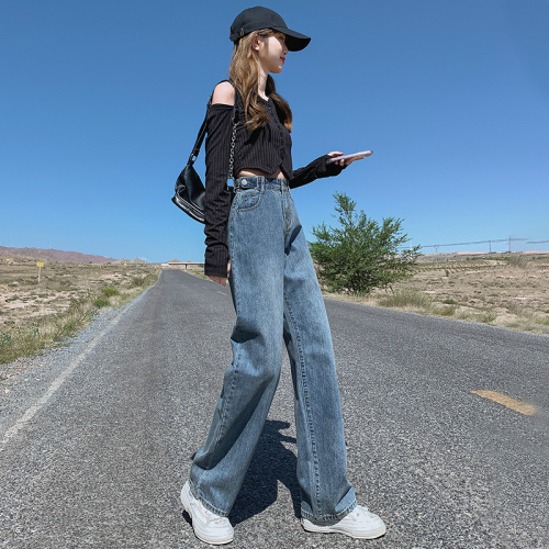 Real shooting high waist and wide leg jeans autumn thin style loose and thin hanging feeling broken hole floor dragging pants straight pants