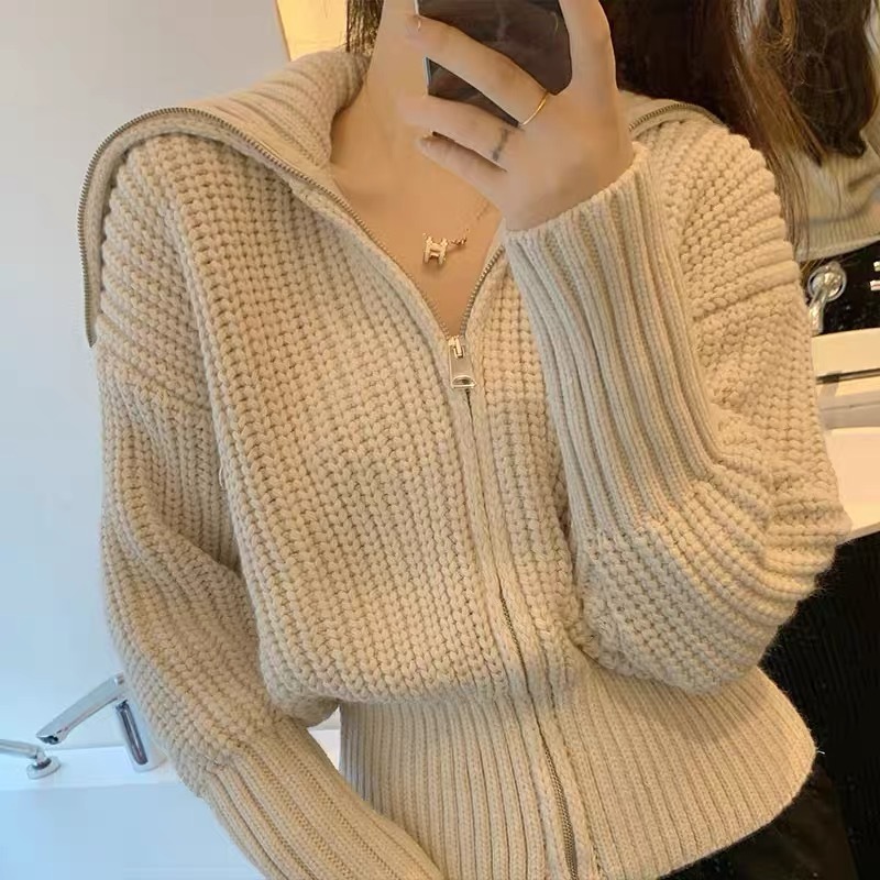 Zipper high sense sweater autumn and winter cardigan design sense French minority women's 2020 new style