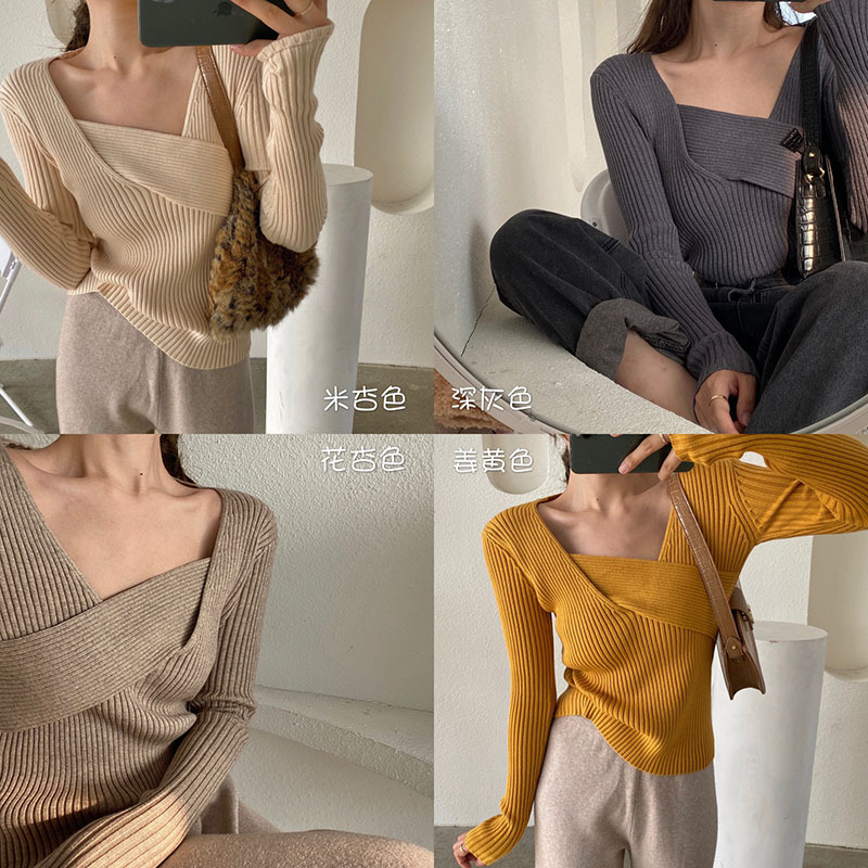 Korean chic autumn French Chic V-neck cross careful machine thin inside with long sleeve bottomed sweater for women