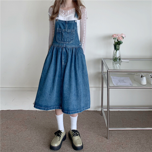 Real shooting autumn new style foreign style age reducing loose denim suspender dress loose suspender skirt