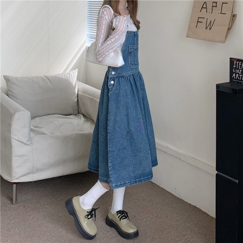 Real shooting autumn new style foreign style age reducing loose denim suspender dress loose suspender skirt