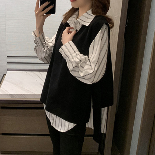 Autumn new collar vertical stripe shirt black knitted vest two piece Fashion Top