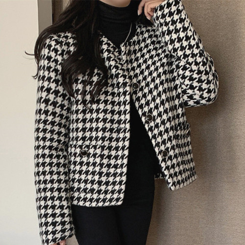 Korean version simple round neck thousand bird lattice short coat women's autumn 2020 new small tweed casual coat