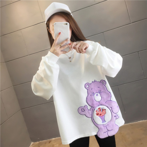 Real shot of little bear pasted cloth embroidered round neck Pullover women's spring and autumn new  Korean version reduced age women's autumn clothes