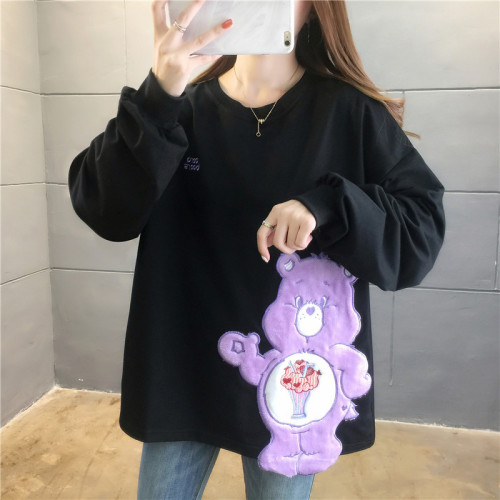 Real shot of little bear pasted cloth embroidered round neck Pullover women's spring and autumn new  Korean version reduced age women's autumn clothes
