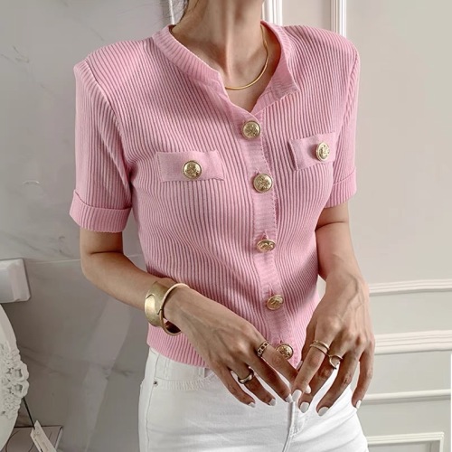 Korean chic summer French elegant round neck single row metal buckle slim fit short knit cardigan women's top