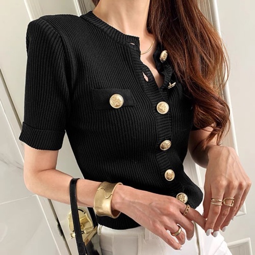 Korean chic summer French elegant round neck single row metal buckle slim fit short knit cardigan women's top