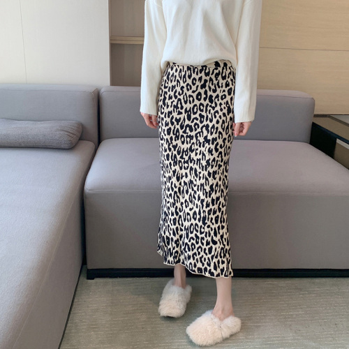 Split Leopard Print Skirt women's mid length autumn and winter versatile slim wrap hip Knit Skirt slim one step skirt