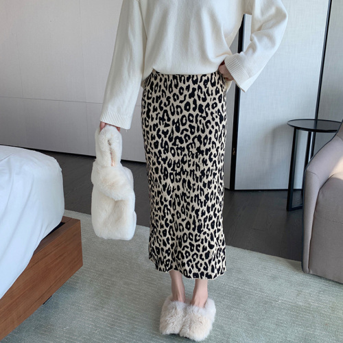 Split Leopard Print Skirt women's mid length autumn and winter versatile slim wrap hip Knit Skirt slim one step skirt