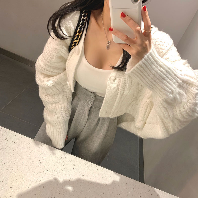 Korean twist short Sweater Cardigan Jacket Women's autumn winter net red high waist two button versatile thickened sweater fashion