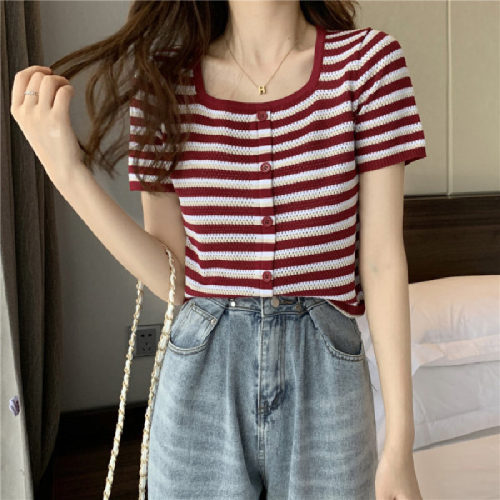 Summer 2021 new style square neck slim striped sweater short T-shirt short sleeve top bottomed shirt women's fashion