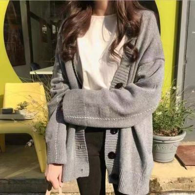 Korean handmade dotted line loose and versatile solid color single row button knitted sweater cardigan coat female student