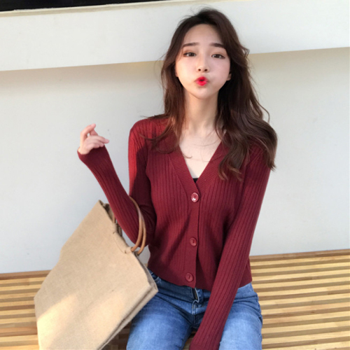 Korean loose and versatile V-neck knitted cardigan autumn sweater style long sleeve high waist short coat fashion