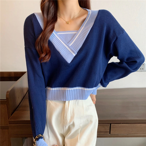 Real price retro foreign style loose V-Neck Sweater women's contrast short sweater fake two-piece top