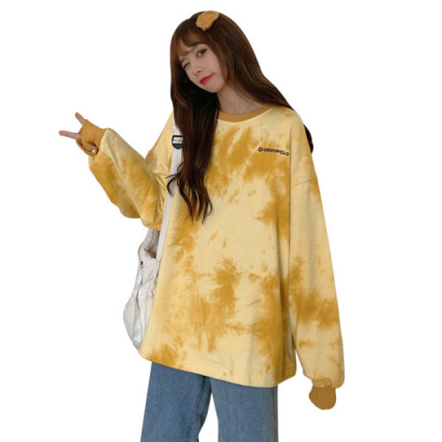 Korean version of the new super fire sweater for women's autumn thin style loose letter tie dyed long sleeved women