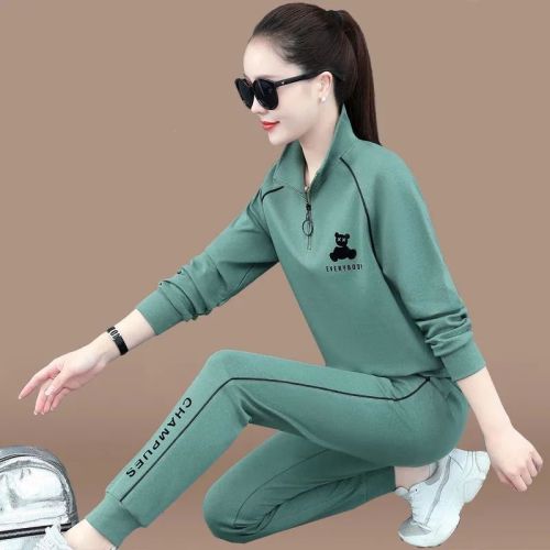 Sports and leisure suit women's spring and autumn new loose large stand collar sweater two pieces of running clothes