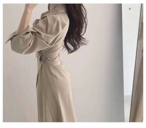 Korean Chic French light cooked wind Lapel single breasted dress with slim waist, medium and long design, irregular women's dress