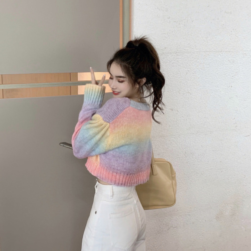 Korean new knitted sweater women's loose outer wear small rainbow short soft waxy lazy cardigan women's coat