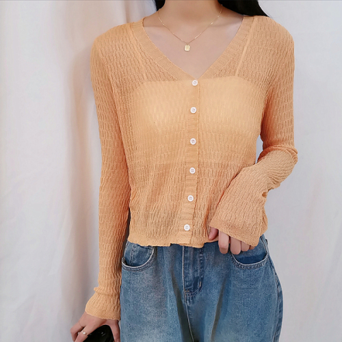 Real shooting of summer Korean version gentle wind ice silk V-neck thin micro transparent loose long sleeve knitted sunscreen cardigan