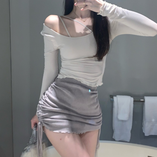 Real price sweet two-piece Set + sexy hip wrap skirt drawstring fold