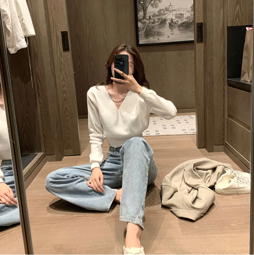 Collar sweater women's short spring and autumn winter new fashion slim fit with clavicle chain long sleeve bottomed top