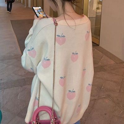 Peach cardigan coat women's 2021 spring new loose Korean top V-Neck Sweater versatile sweater