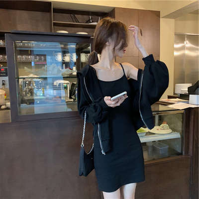 Autumn new style foreign style net red fried Street casual sweater suspender dress