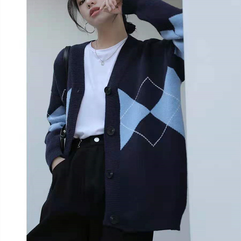 Korean British navy blue diamond Plaid knitted cardigan sweater loose V-neck medium length jacket women's College style