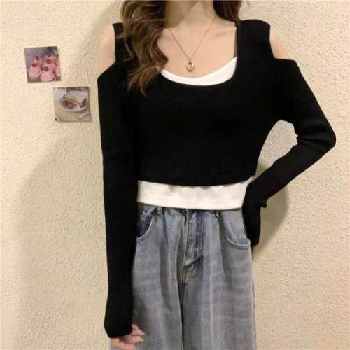 Fake two-piece knitwear spring and Autumn New Korean version slim student short long sleeve women's blouse