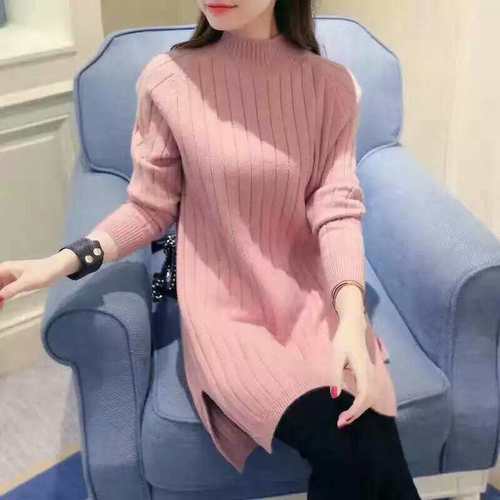 Autumn and winter new Korean women's sweater coat autumn and winter middle long semi high neck loose Pullover wool dress