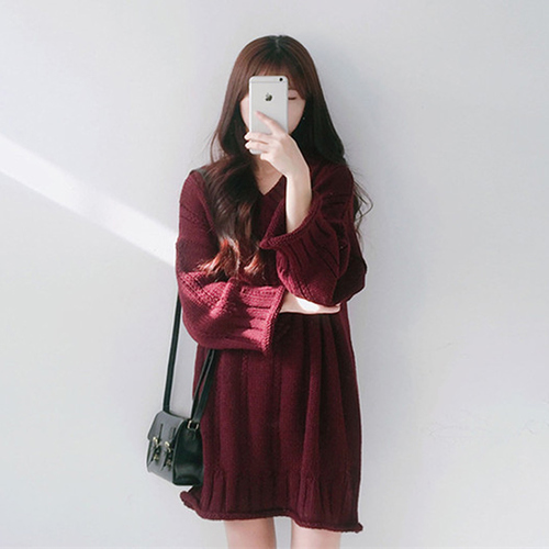 Korean version Pullover V-neck solid color loose and versatile long sleeve medium and long wool dress sweater women