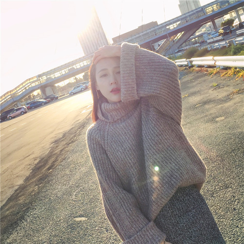 Two piece set Korean horn wide sleeve Pullover loose thin sweater women's coarse wool medium long high neck