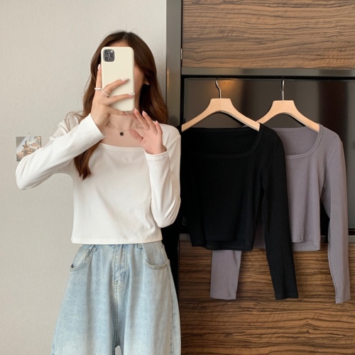 Real shooting of early autumn 2021 Korean version with exposed collarbone square neck chic top female design sense of minority Spice Girl Long Sleeve T-Shirt ins