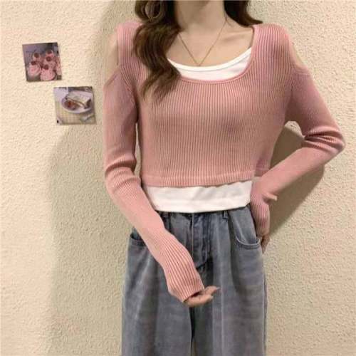 Fake two-piece knitwear spring and Autumn New Korean version slim student short long sleeve women's blouse