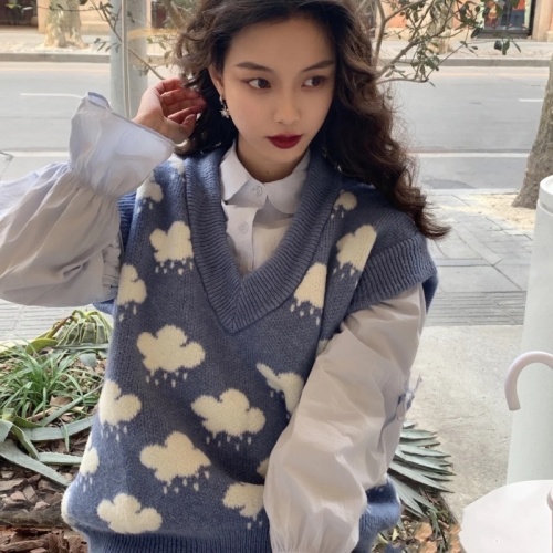 New jacquard sweater blue little cloud sweater knitted vest V-neck loose vest female students age loose