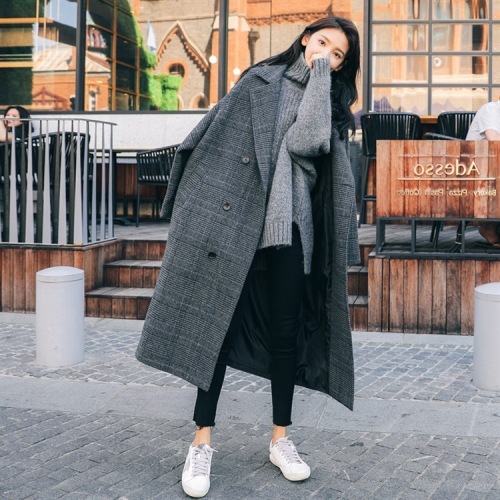 Plaid Wool Coat women's medium and long Korean loose winter new student over knee woolen coat