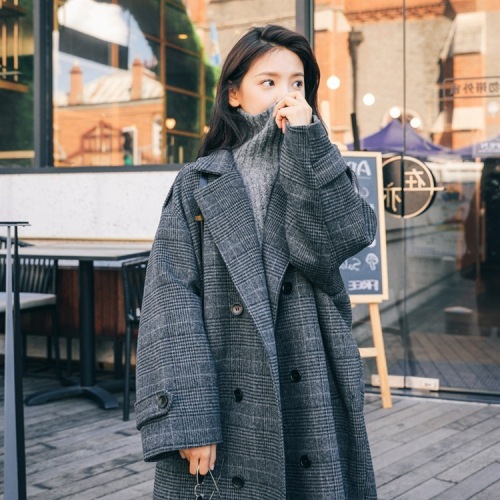 Plaid Wool Coat women's medium and long Korean loose winter new student over knee woolen coat