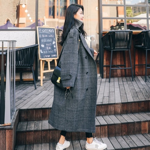 Plaid Wool Coat women's medium and long Korean loose winter new student over knee woolen coat