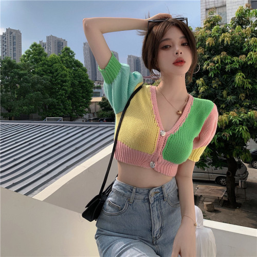 Real price retro candy color contrast bubble sleeve knitted cardigan short short sleeve open navel T-shirt women