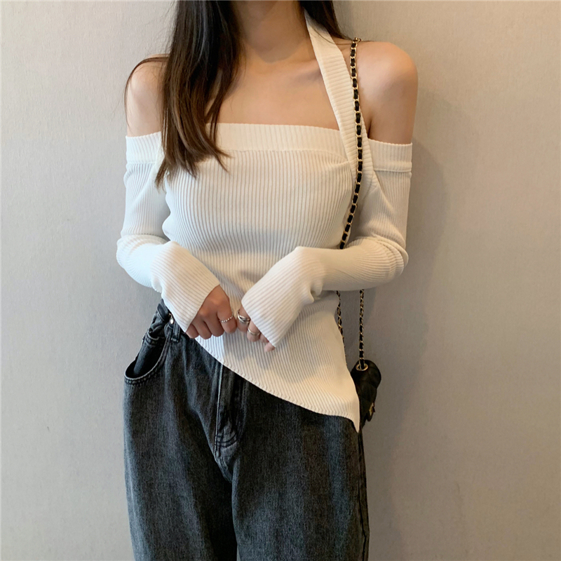 Real price, real price, careful machine, off shoulder sweater, blouse, women's autumn slim fit, hanging neck design, minority short sweater