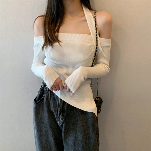 Real price, real price, careful machine, off shoulder sweater, blouse, women's autumn slim fit, hanging neck design, minority short sweater