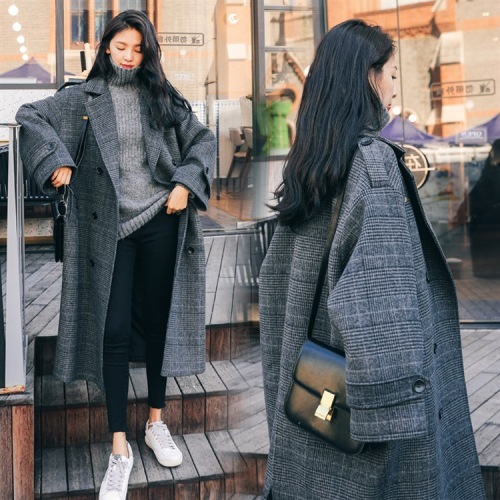 Plaid Wool Coat women's medium and long Korean loose winter new student over knee woolen coat