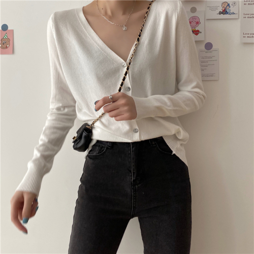 Korean version sweet soft waxy V-neck knitted top sweater long sleeve cardigan