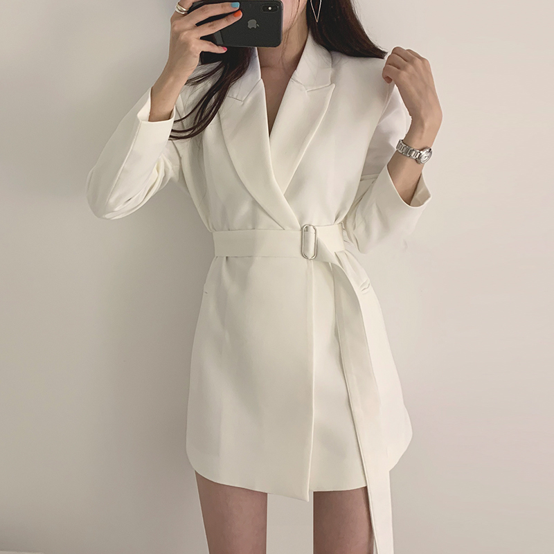 Korean chic autumn clothes retro simple black and white temperament thin waist strap medium and long suit coat female