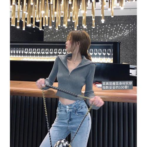 Pullover Sweater women's autumn new long sleeve slim fit short exposed navel thin high neck sweater