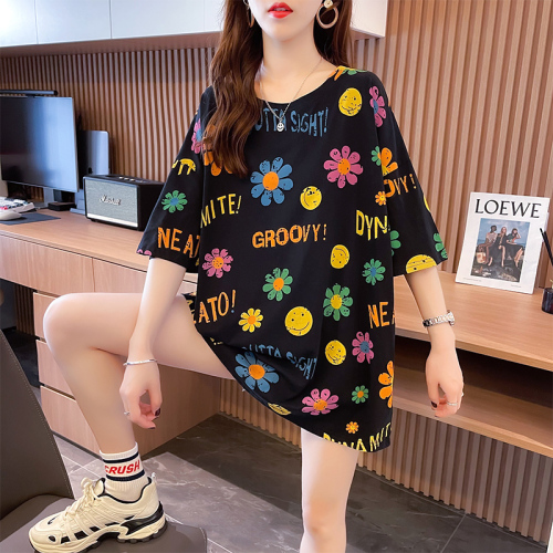 Real shooting summer Korean loose print flower large women's Short Sleeve Top