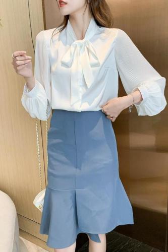 Bow business wear white shirt women's 2021 autumn new ribbon collar long sleeve loose foreign Style Chiffon Top